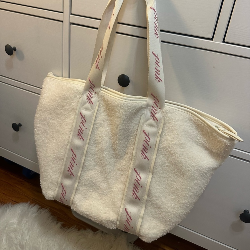 White Winter Tote Bag with Pink Lettering